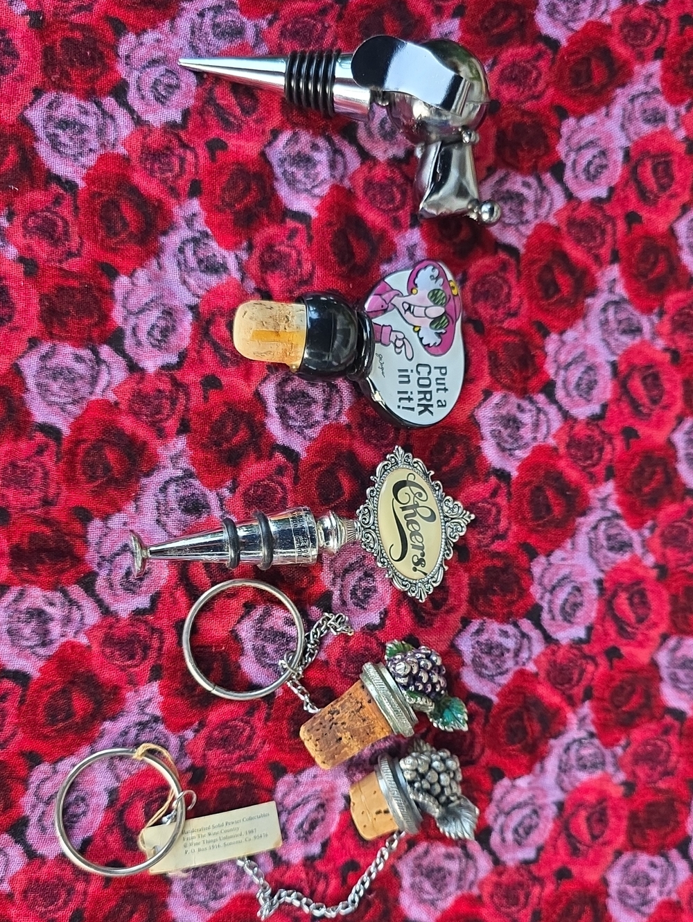 Set of 5 Vintage Novelty Wine Bottle Stopper Bundle Comic Grape Dog Cheers Set